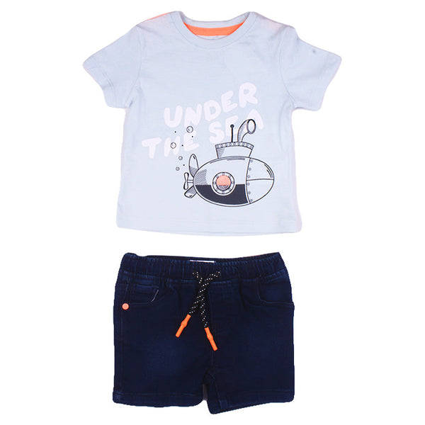 Redtag T-Shirt and Denim Short Set (Pack of Two) For Toddlers