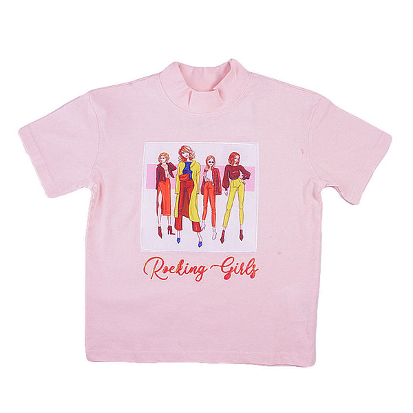 Redtag White High-Neck Photographic T-Shirt for Girls